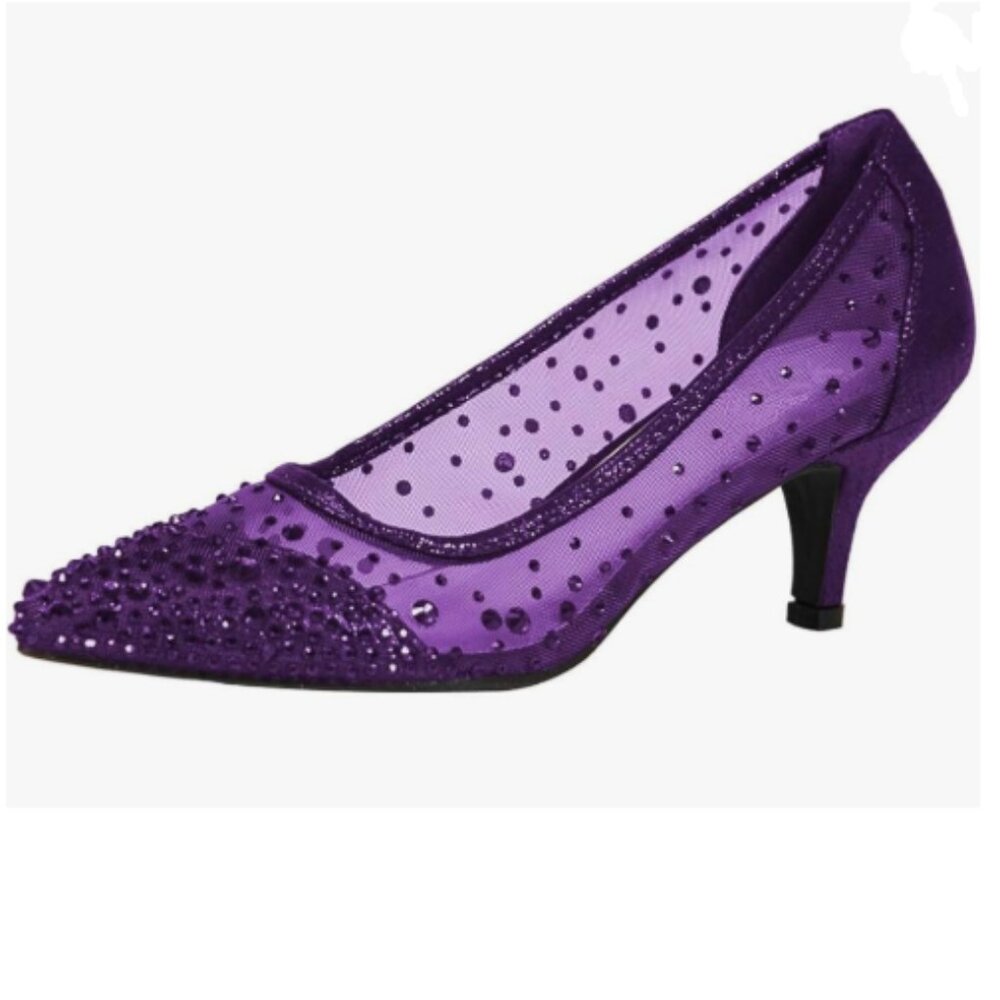 XYD Purple Pointed Toe Slip On Graceful Mesh Rhinestone Studs Kitten Heels Pumps